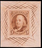 1847, 5&Acirc;&cent; red brown, large die proof on colored bond paper (Sc 1P1b)