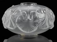 Ren&Atilde;&copy; Lalique Honfleur Vase with Ribbed Sides Surrounded by Overlapping Geranium Leaves, Signed