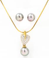 Lady's 18K Yellow Gold and Tahitian Pearl Pendant Necklace with Heart Shaped Drop and Tahitian Pearl Studs
