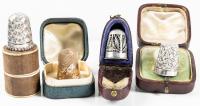 Four Antique Collectible Thimbles from the Late 19th, Early 20th Century; One in 14K Yellow Gold, Three in Sterling Silver. With