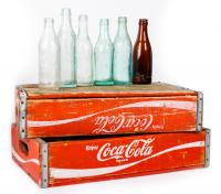 Coca-Cola: 5 Vintage Bottles 1910s, one 1960s and Two Early 70s 24 Count Slot Wood Crates