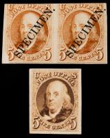 1847, 5&Acirc;&cent; Plate Proof Pair & Reproduction Plate Proof
5&Acirc;&cent; orange plate proof pair with "SPECIMEN" overprint (small scrape LL co
