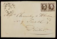 5&Acirc;&cent;, Two Singles on Folded Letter.
Manuscript cancellation, sent from Westchester, PA (well known Chernley & Whelan corresponde