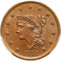 1842 N-6 R1 Large Date PCGS graded MS63 Brown, CAC Approved