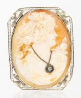 Lady's Exquisite, Antique, 14K White Gold Shell Cameo with Rose Cut Diamond.