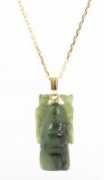 Beautiful Spinach Jade Laughing Buddha Pendant on 14K Yellow Gold Chain