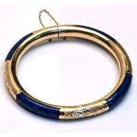 Ladies Lovely 14K Yellow Gold and Lapis Hinged Bangle Bracelet of Fine Quality.