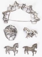 Collection of Sterling Silver Equestrian Themed Jewlery: A Terrific Bracelet and Four Small Brooches.