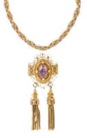 Outstanding Victorian Necklace in 10K Yellow Gold Centered with an Oval Amythest