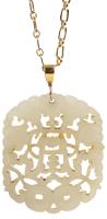 Beautiful Carved Jade Pendant with a Temple and Foliate Design on a Heavy 14K Yellow Gold Chain