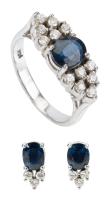 Vintage Sapphire and Diamond Ring and Matching Earrings in 14K White Gold