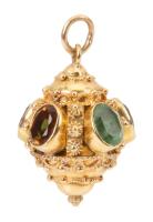 Striking Vintage Lady's Pendant; A Bejeweled 14K Yellow Gold Ornament Surrounded in Semi-Precious Stones