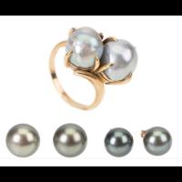 Two Pair of Ladies Black South Sea Pearl Earrings, One Pair Especially Fine, Plus Double Pearl and 14K Yellow Gold Ring