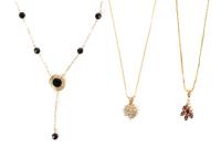 Three Wonderful Pendant Necklaces for the Lady; 14K Yellow Gold, Rubies, Diamonds and Onyx
