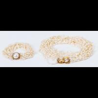 Biwa Pearls: Multi-Strand Necklace and Bracelet with Mabe Pearl Clasp and 14K Yellow Gold