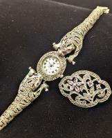 Ladies Sterling Silver and Black Diamond Panther Style Bracelet Watch and an Elegant Matching Pin with Lavender Amethyst