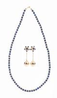 Ladies Exceptional Micro Lapis Luzuli Bead Necklace each with Alternating 14K Yellow Gold Spacers + Complimenting Stud Earrings