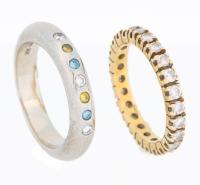 Ladies 14K White Gold Ring with White, Yellow and Blue Diamonds plus One 14K Yellow Gold Diamond Eternity Ring