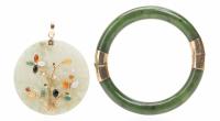 Ladies Ensemble of Jadeite Hinged Bangle Bracelet and Jade Pendant with 14K Yellow Gold "Tree Branch" with Semi-Precious Stones