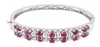 Ladies Beautiful 14K White Gold, Diamond and Ruby Cabochon, Vintage, Hinged Bangle Bracelet.