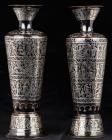 Handsome Pair of Vintage Patinated Bronze Vases With Silver Overlay in Egyptian Motifs